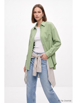 Rays Çağla Yeşili Çift Cepli Oversize Uzun Basic Gömlek Tcr 6256A