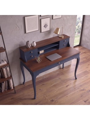 Wooding Mobilya 100 cm 5 Çekmeceli Lacivert Ceviz Raflı Masif Çalışma Masası