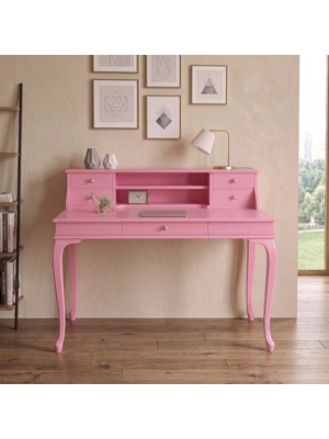 Wooding Mobilya 120 cm 5 Çekmeceli Pembe Raflı Masif Çalışma Masası