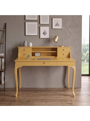Wooding Mobilya 120 cm 5 Çekmeceli Sarı Raflı Masif Çalışma Masası