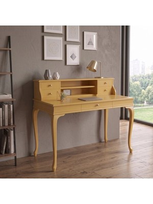 Wooding Mobilya 110 cm 5 Çekmeceli Sarı Raflı Masif Çalışma Masası