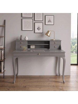 Wooding Mobilya 120 cm 5 Çekmeceli Gri Raflı Masif Çalışma Masası