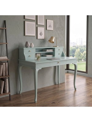 Wooding Mobilya 110 cm 5 Çekmeceli Su Yeşili Raflı Masif Çalışma Masası