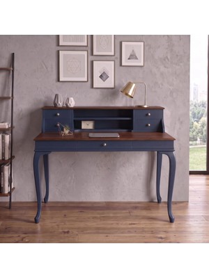 Wooding Mobilya 120 cm 5 Çekmeceli Lacivert Ceviz Raflı Masif Çalışma Masası