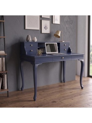 Wooding Mobilya 110 cm 5 Çekmeceli Lacivert Raflı Masif Çalışma Masası