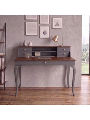 Wooding Mobilya 120 cm 5 Çekmeceli Antrasit Ceviz Raflı Masif Çalışma Masası