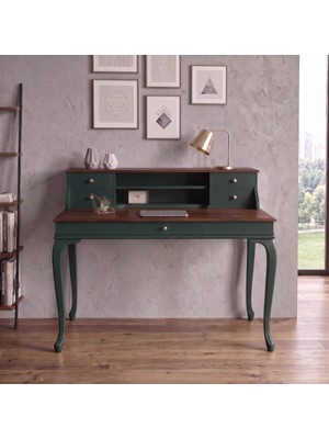 Wooding Mobilya 120 cm 5 Çekmeceli Yeşil Ceviz Raflı Masif Çalışma Masası