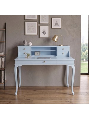 Wooding Mobilya 120 cm 5 Çekmeceli Açık Mavi Raflı Masif Çalışma Masası
