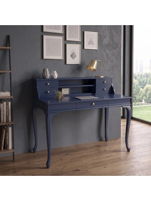 Wooding Mobilya 110 cm 5 Çekmeceli Koyu Mavi Raflı Masif Çalışma Masası