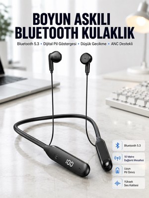 Çetiner Group® 60 Saat Kablolu Boyun Askılı Dijital Göstergeli Bluetooth Kulaklığı Yeni Nesil