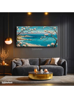 Tablofest Yatay Panoramik Kanvas Tablo Manolya Çiçekleri Deniz Manzara Tablosu Ev Ofis Duvar Dekoru