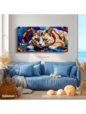 Tablofest Yatay Panoramik Kanvas Tablo Vitray Desenli Kedi Hayvan Tablosu Ev Ofis Duvar Dekoru