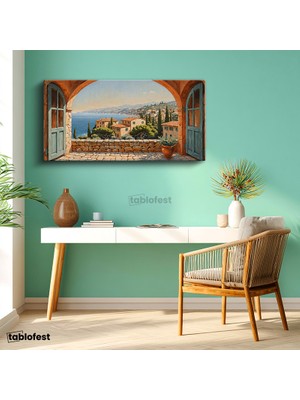 Tablofest Yatay Panoramik Kanvas Tablo Italya Sahil Kasabası Manzara Tablosu Ev Ofis Duvar Dekoru