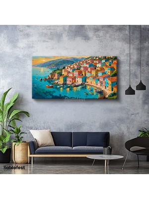 Tablofest Yatay Panoramik Kanvas Tablo Sahil Kasabası Manzara Tablosu Ev Ofis Duvar Dekoru