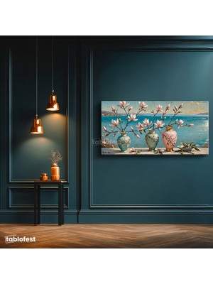 Tablofest Yatay Panoramik Kanvas Tablo Vazo Çiçek Deniz Manzara Tablosu Ev Ofis Duvar Dekoru