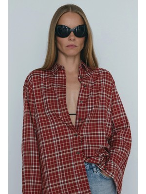 Suud Collection Kırmızı Slone Ekose Gömlek Uzun Kollu Günlük Stil Pamuk Kumaş Desenli Oversize Fit