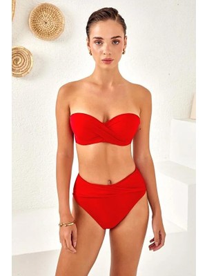 Lapieno 254259 Kırmızı Straplez Boş Kap Yüksek Bel Bikini Takım