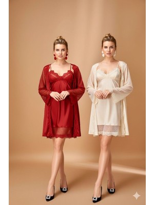 Nurteks Saten Kimono Takım Ekru - S