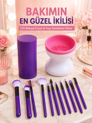 Avantajlı Ikili Set 12’li Mor Makyaj Fırçası ve Elektrikli Makyaj Fırçası Yıkama Temizleme Cihazı