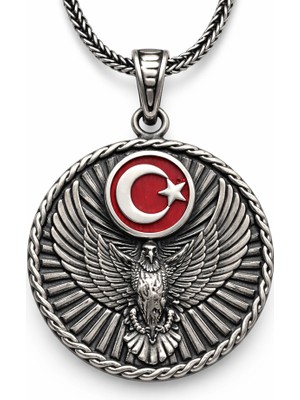 Gumush Gümüş Türk Kartalı ve Ay Yıldız Motifli Erkek Kolye