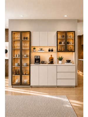 Avmpark Dolce 3 Kapaklı Kahve Köşesi + Çekmeceli Modül + 2 Cam Kapaklı Çok Amaçlı Dolap LED Işıklı 208 cm Temperli Camlı