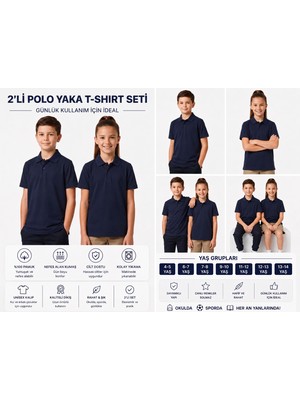 Secret Touch 2'li Paket Çocuk Kız Erkek %100 Pamuk Kısa Kollu Polo Yaka Okul Tişörtü