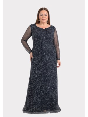Lilas Xxl Büyük Beden Glitter Baskı Siyah Renkli Uzun Kollu Uzun Abiye Elbise