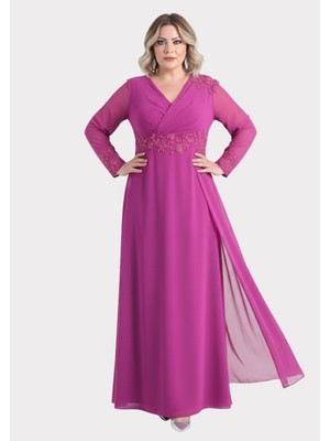 Lilas Xxl Büyük Beden Fuşya Renkli Uzun Şifon Abiye Elbise