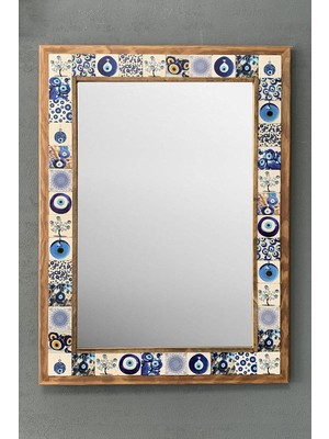 Oscar Stone Decor Masif Çerçeveli Mozaik Taş Ayna 53 cm x 73 cm Nazar Boncuklu Mavi Büyük Ayna
