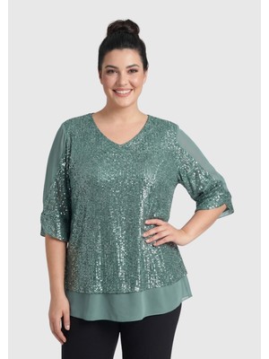 Lilas Xxl Büyük Beden Mint Renkli Pul Payetli Şifon Bluz