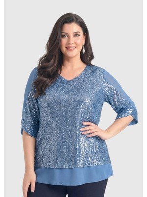 Lilas Xxl Büyük Beden Indigo Renkli Pul Payetli Şifon Bluz