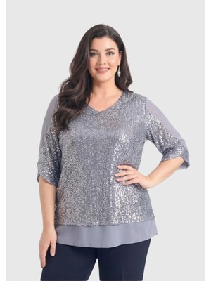 Lilas Xxl Büyük Beden Gri Renkli Pul Payetli Şifon Bluz