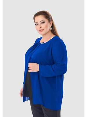 Büyük Beden Saks Renkli Şifon Bluz