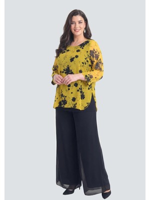 Lilas Xxl Büyük Beden Sarı Desenli Şifon Bluz