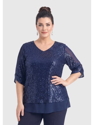 Lilas Xxl Büyük Beden Lacivert Renkli Pul Payetli Şifon Bluz