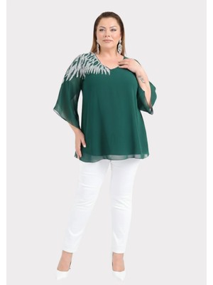 Lilas Xxl Büyük Beden Yeşil Renkli Şifon V Yaka Abiye Bluz