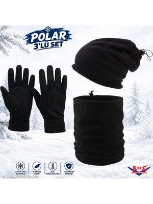 Axe Sportswear Kışlık Siyah Soğuk Hava Koruyucu Bileği Sıkmayan Manşetli Katlamalı Termal Polar Eldiven Ipli Bere Olabilen Boyunluk 3'lü Set