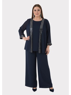 Lilas Xxl Büyük Beden Lacivert Renkli Şifon Abiye Pantolon Bluz Takım