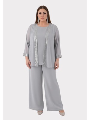 Lilas Xxl Büyük Beden Gri Renkli Şifon Abiye Pantolon Bluz Takım