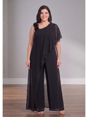 Lilas Xxl Büyük Beden Siyah Renkli Tek Omuz Çiçek Detaylı Abiye Tulum
