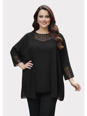 Lilas Xxl Büyük Beden Siyah Renkli Şifon Ceketli Abiye Bluz
