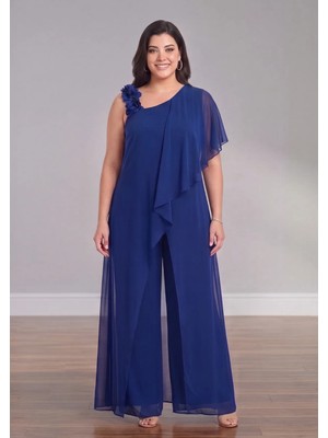 Lilas Xxl Büyük Beden Saks Renkli Tek Omuz Çiçek Detaylı Abiye Tulum