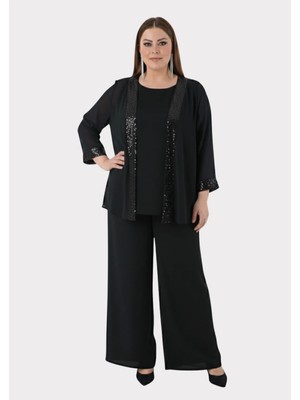 Lilas Xxl Büyük Beden Siyah Renkli Şifon Abiye Pantolon Bluz Takım