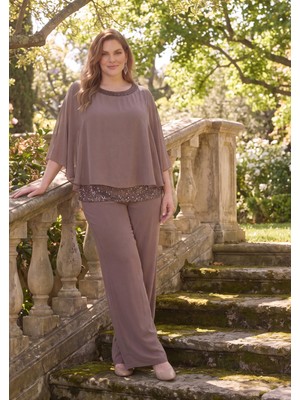 Lilas Xxl Büyük Beden Vizon Renkli Şifon Abiye Pantolon Bluz Takım