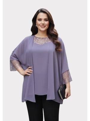 Lilas Xxl Büyük Beden Lavanta Renkli Şifon Ceketli Abiye Bluz