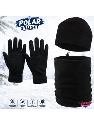 Axe Sportswear Kışlık Siyah Soğuk Hava Koruyucu Bileği Sıkmayan Manşetli Katlamalı Termal Polar Eldiven Bere Boyunluk 3'lü Set