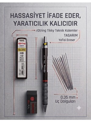 Rotring Tikky 0.35 mm Siyah Versatil Kalem, 12'li Uç ve Silgi Seti - Profesyonel Çizim Seti