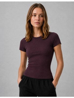 Organickid Dusty Rose Kadın Bordo Bisiklet Yaka T-Shirt