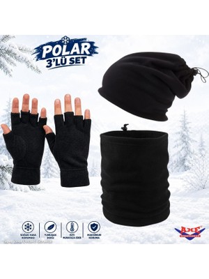 Axe Sportswear Kışlık Siyah Polar Bileği Sıkmayan Manşetli Katlamalı Rahat Kullanım Parmaksız Kesik Eldiven Bere Olabilen Ipli Boyunluk 3'lü Set