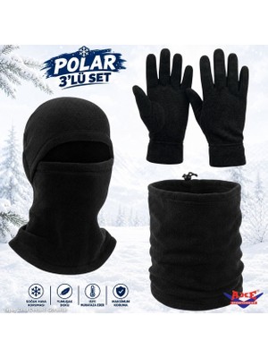 Axe Sportswear Kışlık Siyah Soğuk Hava Koruyucu Bileği Sıkmayan Manşetli Katlamalı Termal Polar Eldiven Kar Maskesi Boyunluk 3'lü Set